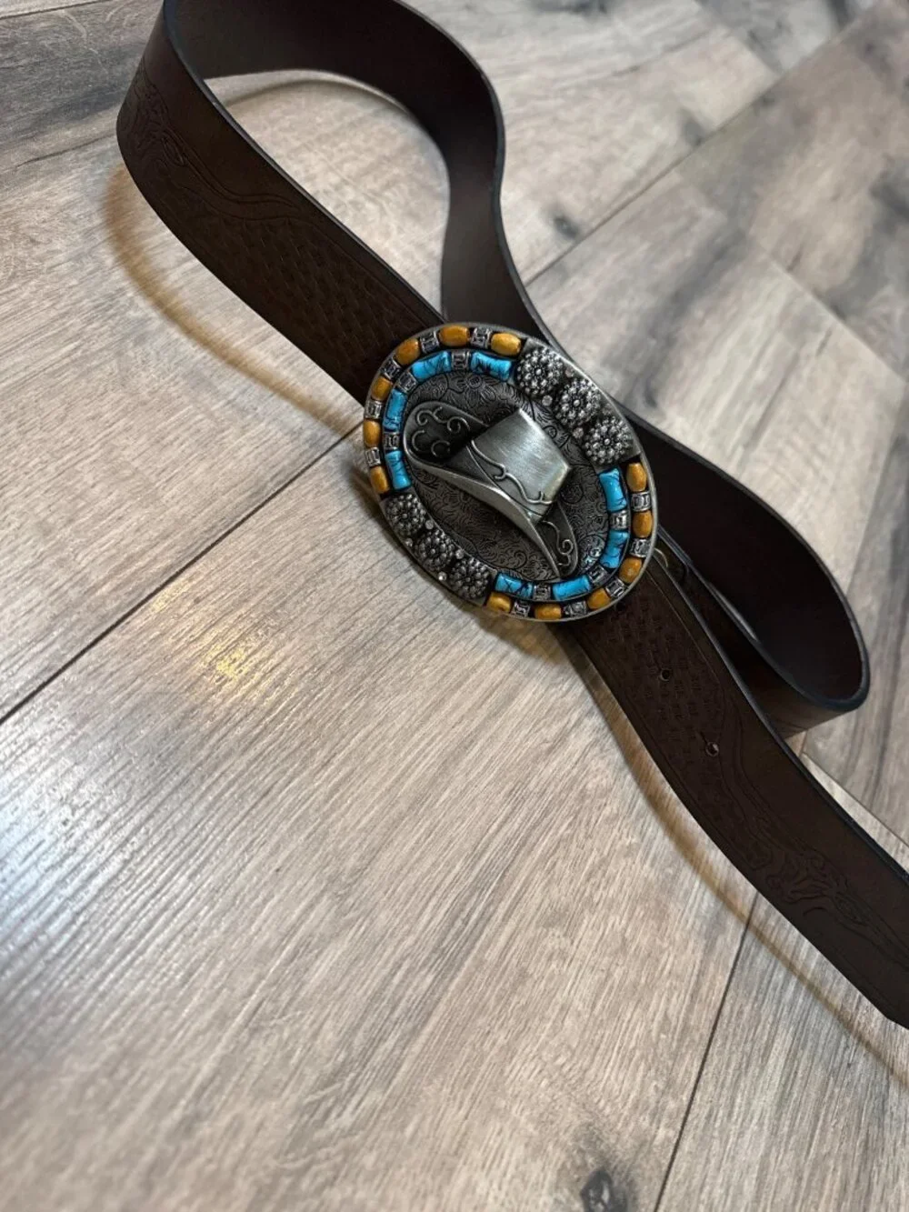 Western Leather Belt Decorative Cowboy Hat Buckle Tooled Pattern 42 Inches Brown